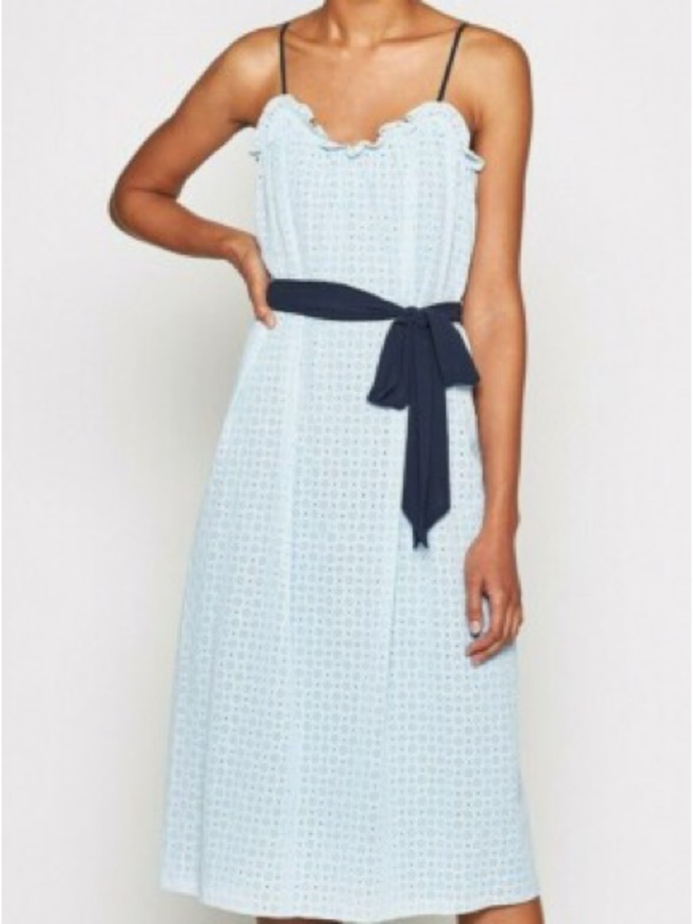 Joie Pale Blue Eyelet Midi Dress with Navy Waist Tie Size Large